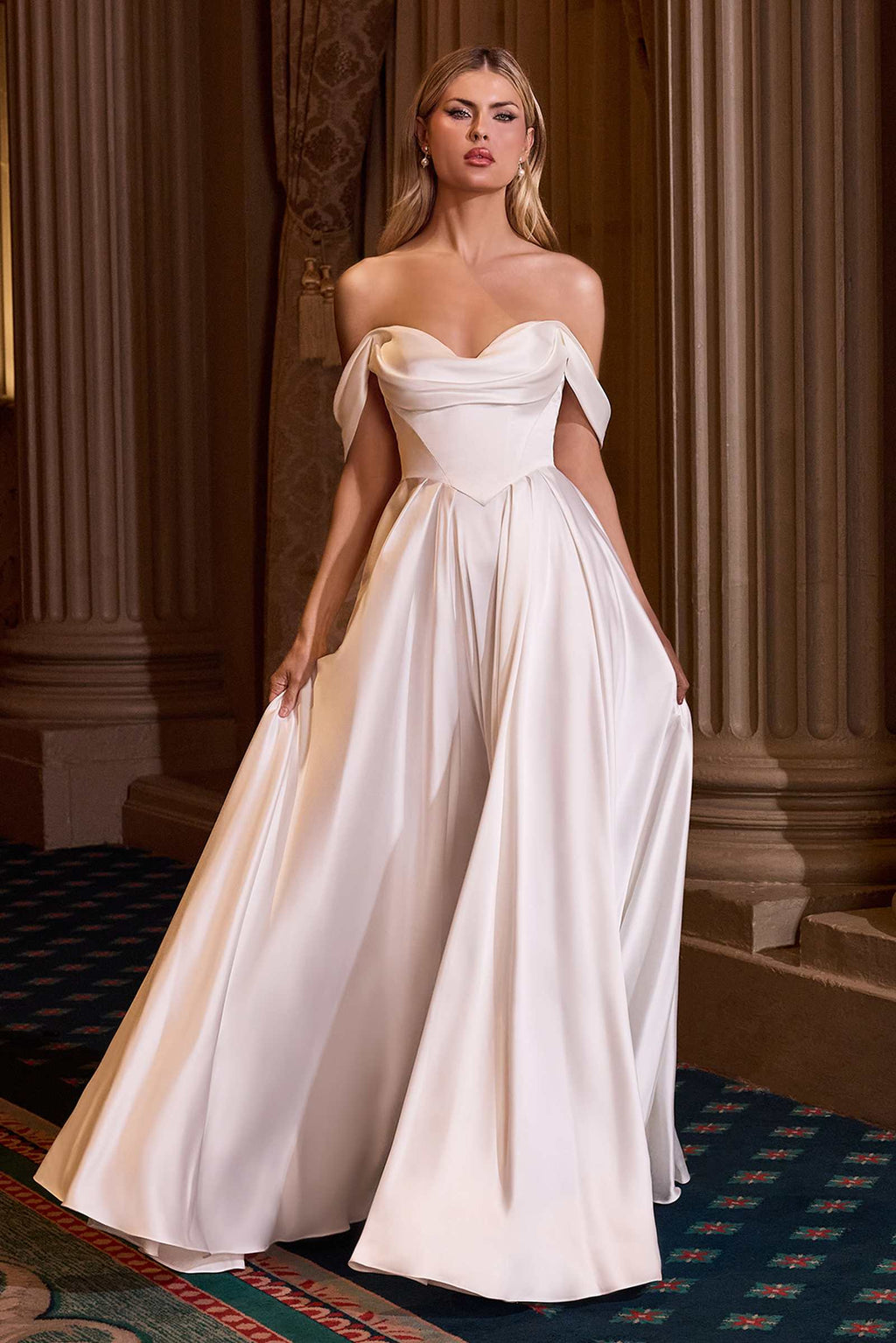 Off-white A-line satin wedding dress with sweetheart off-shoulder bodice and gathered waist