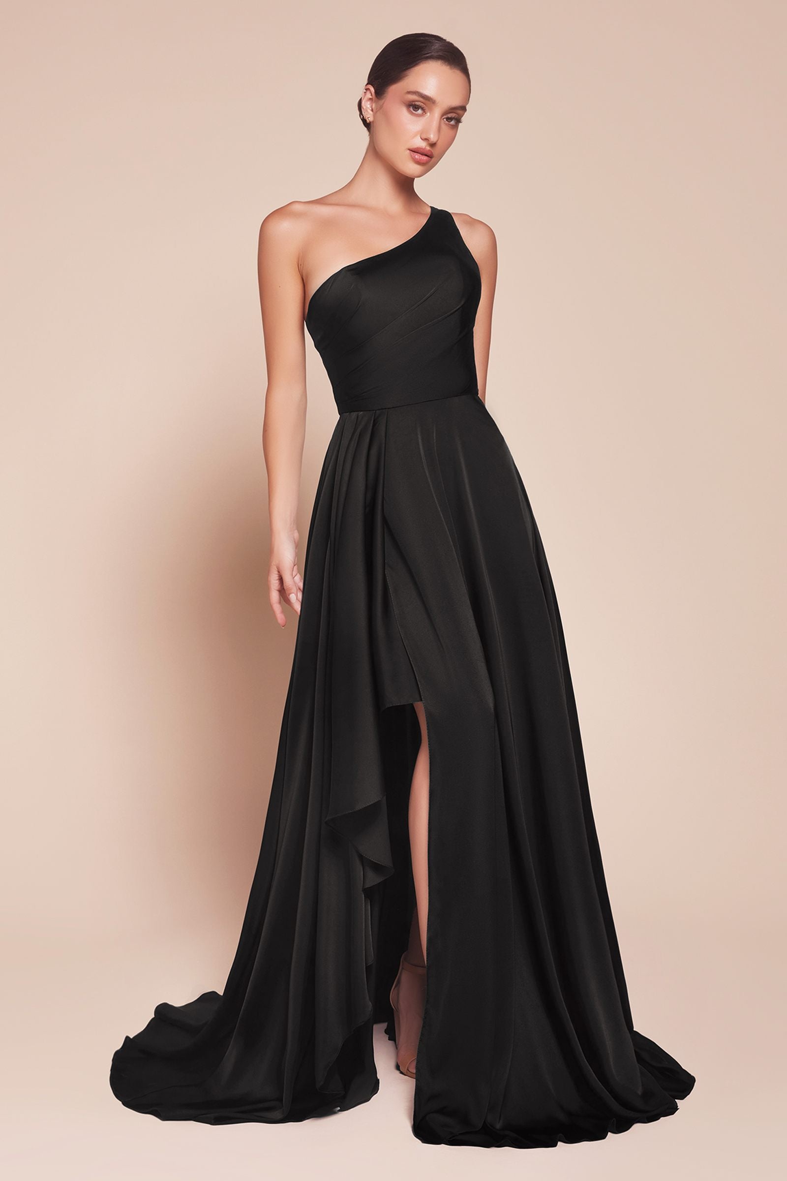 One-shoulder satin A-line dress in black with draped ruffle skirt and slit