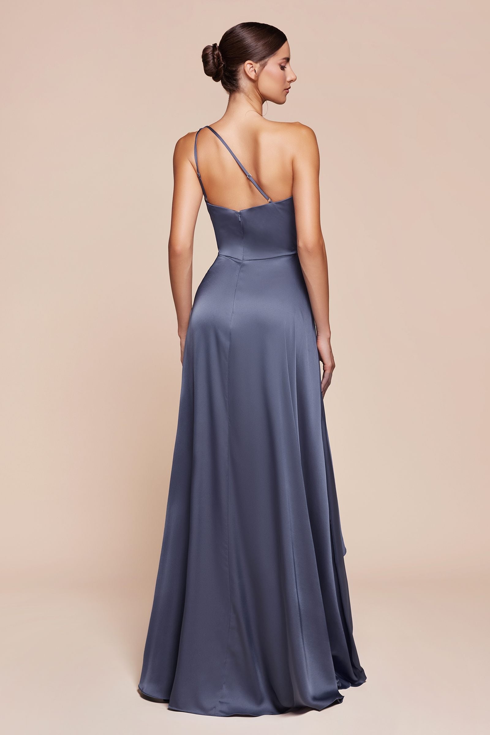 One-shoulder satin A-line dress in blue with thin back straps and full skirt