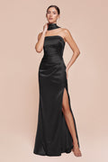 Strapless satin gown with sash in black, fitted bodice with side slit and long skirt
