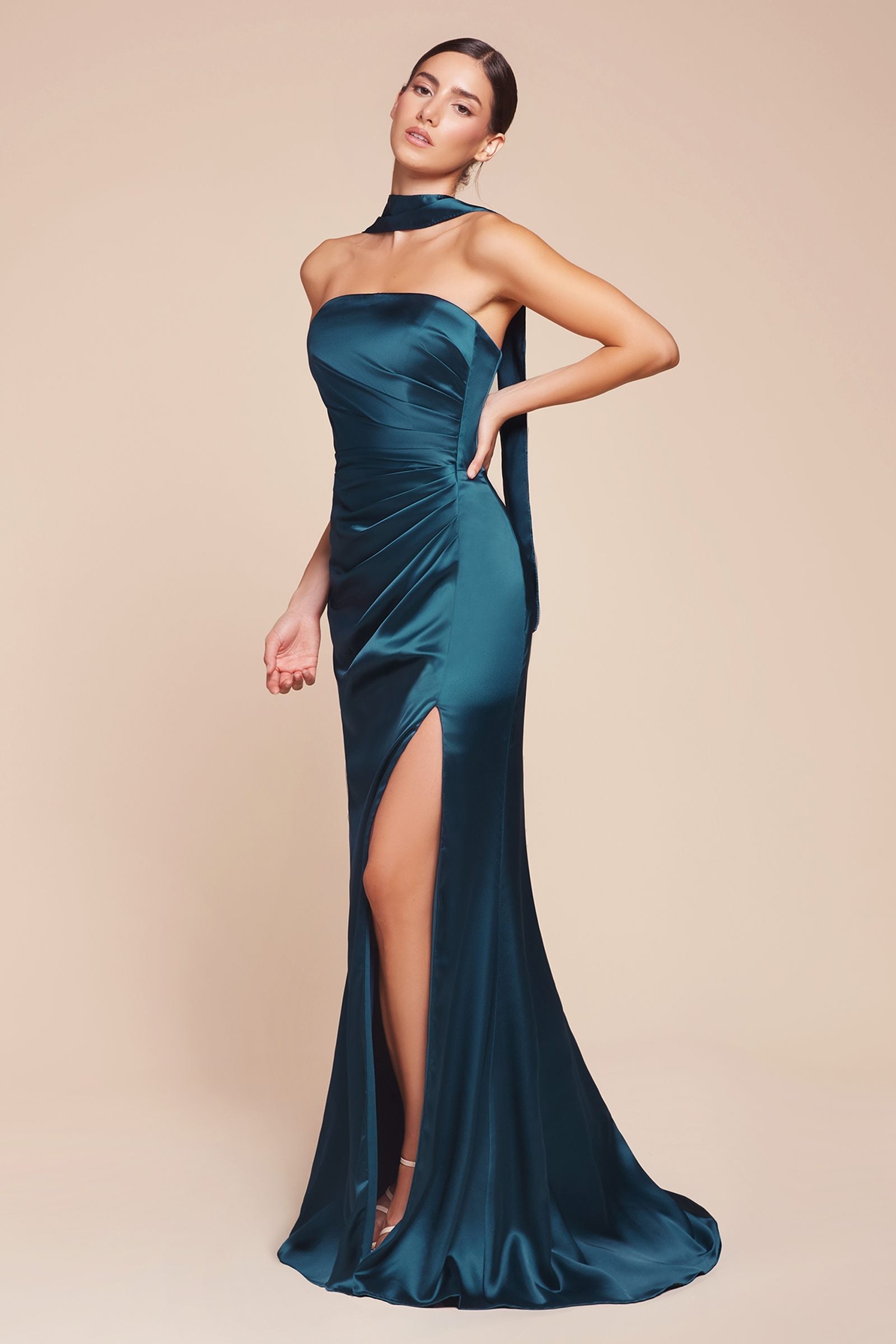 Teal strapless satin gown with ruched bodice and long side slit