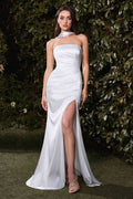 Off-white satin strapless bridal gown with ruched bodice and high slit