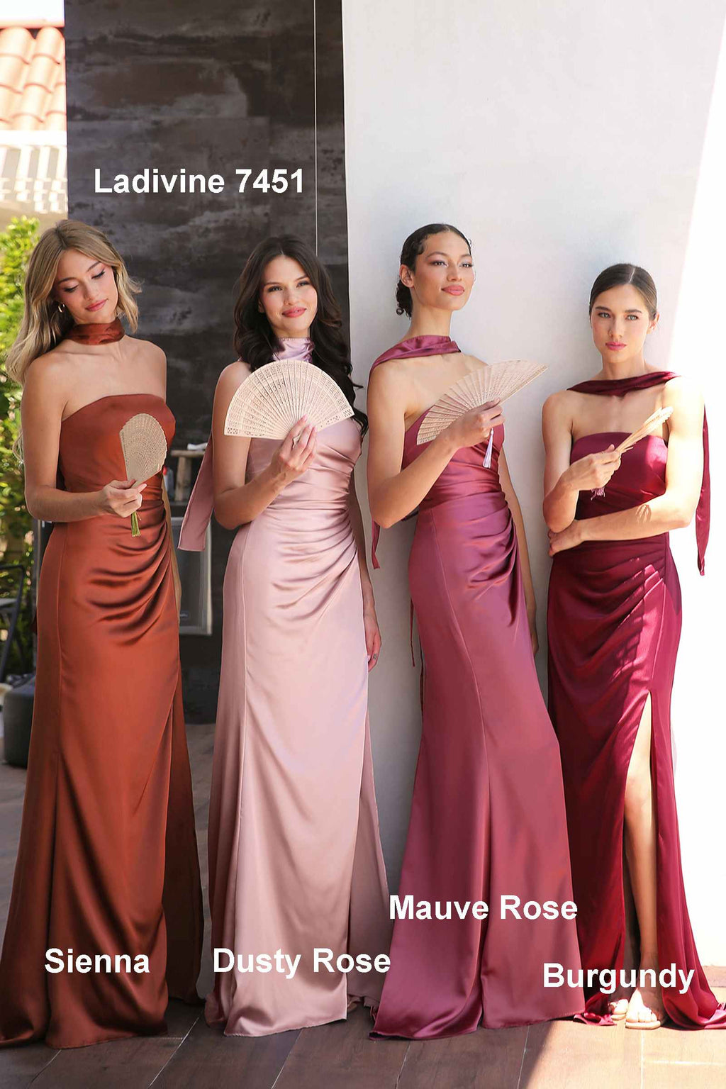Group of satin strapless gowns with sashes in sienna, dusty rose, mauve rose, burgundy