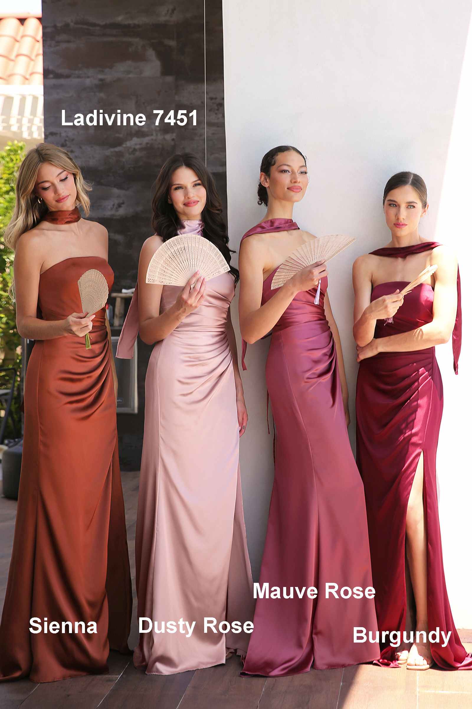 Group of satin strapless gowns with sashes in sienna, dusty rose, mauve rose, burgundy