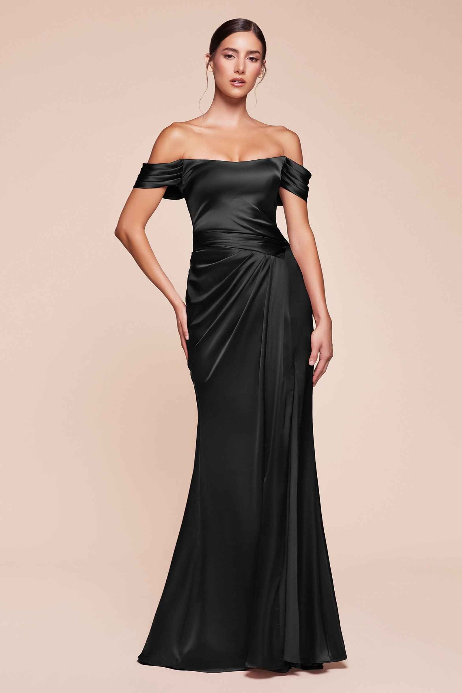 Black satin off-shoulder gown with ruched bodice and side thigh slit