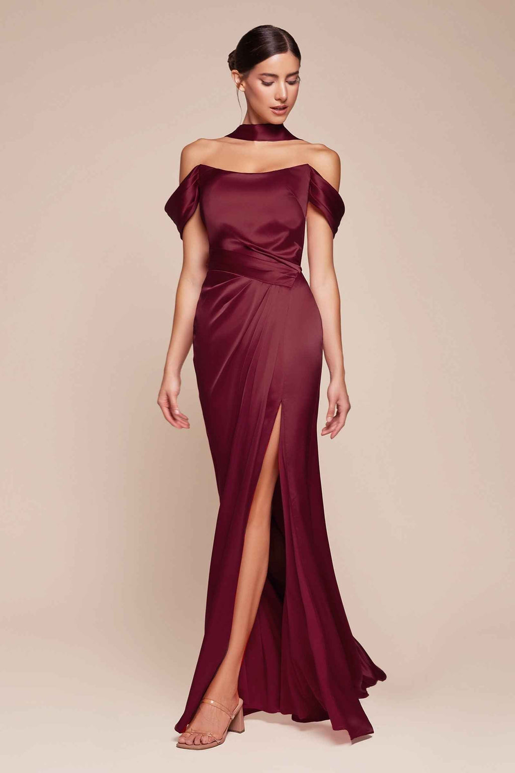 Satin off-shoulder burgundy maxi dress with ruched bodice and front slit