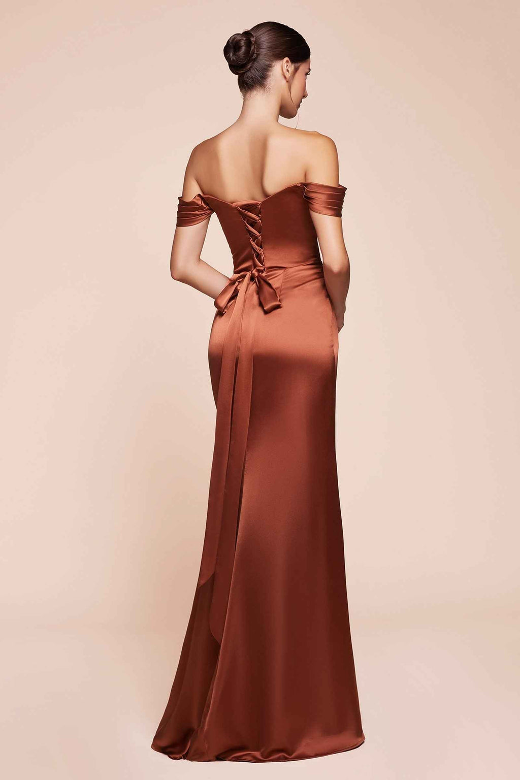 Rust satin off-shoulder gown with corset back lacing and thigh slit