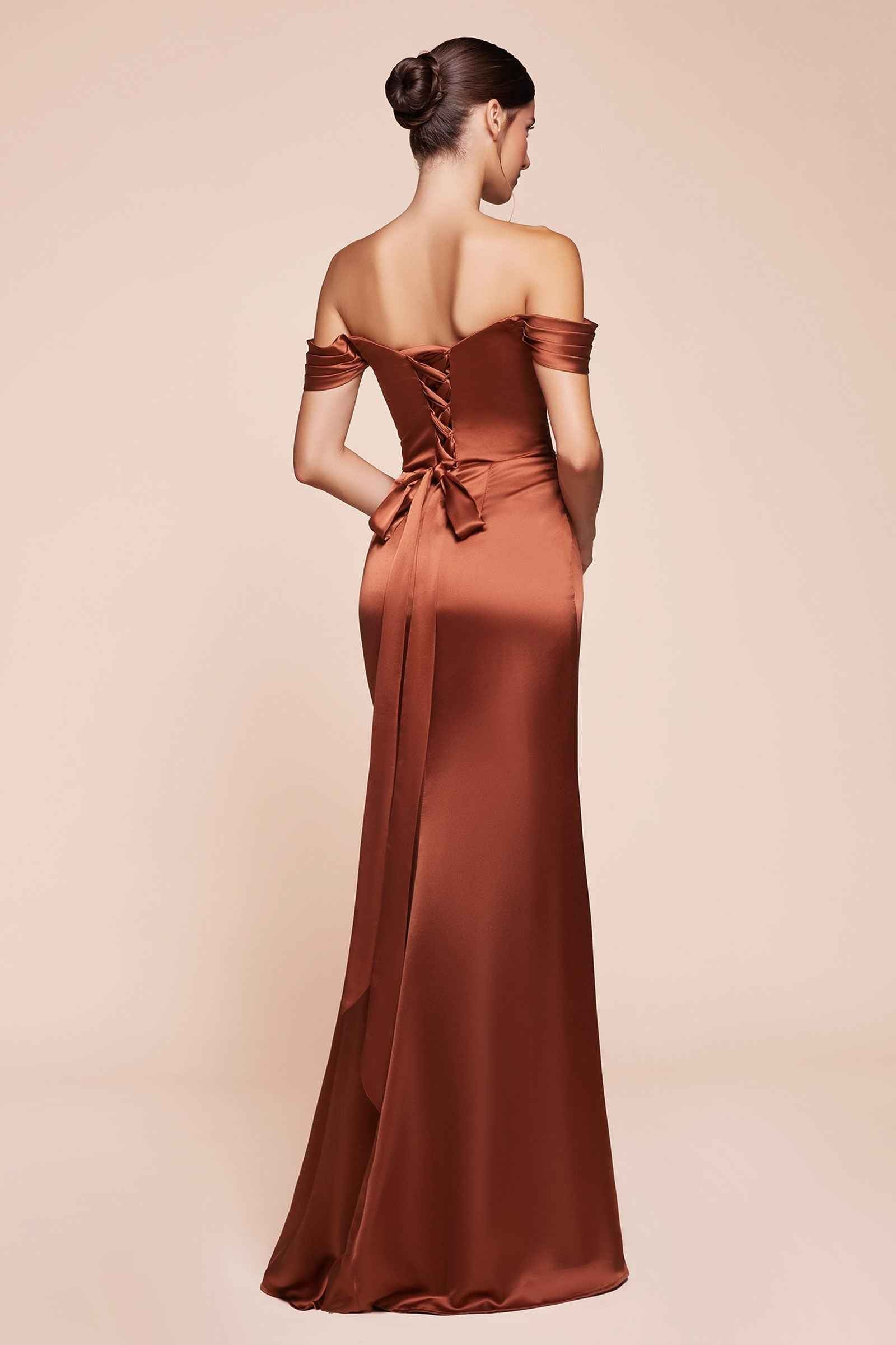 Rust satin off-shoulder gown with corset back lacing and thigh slit