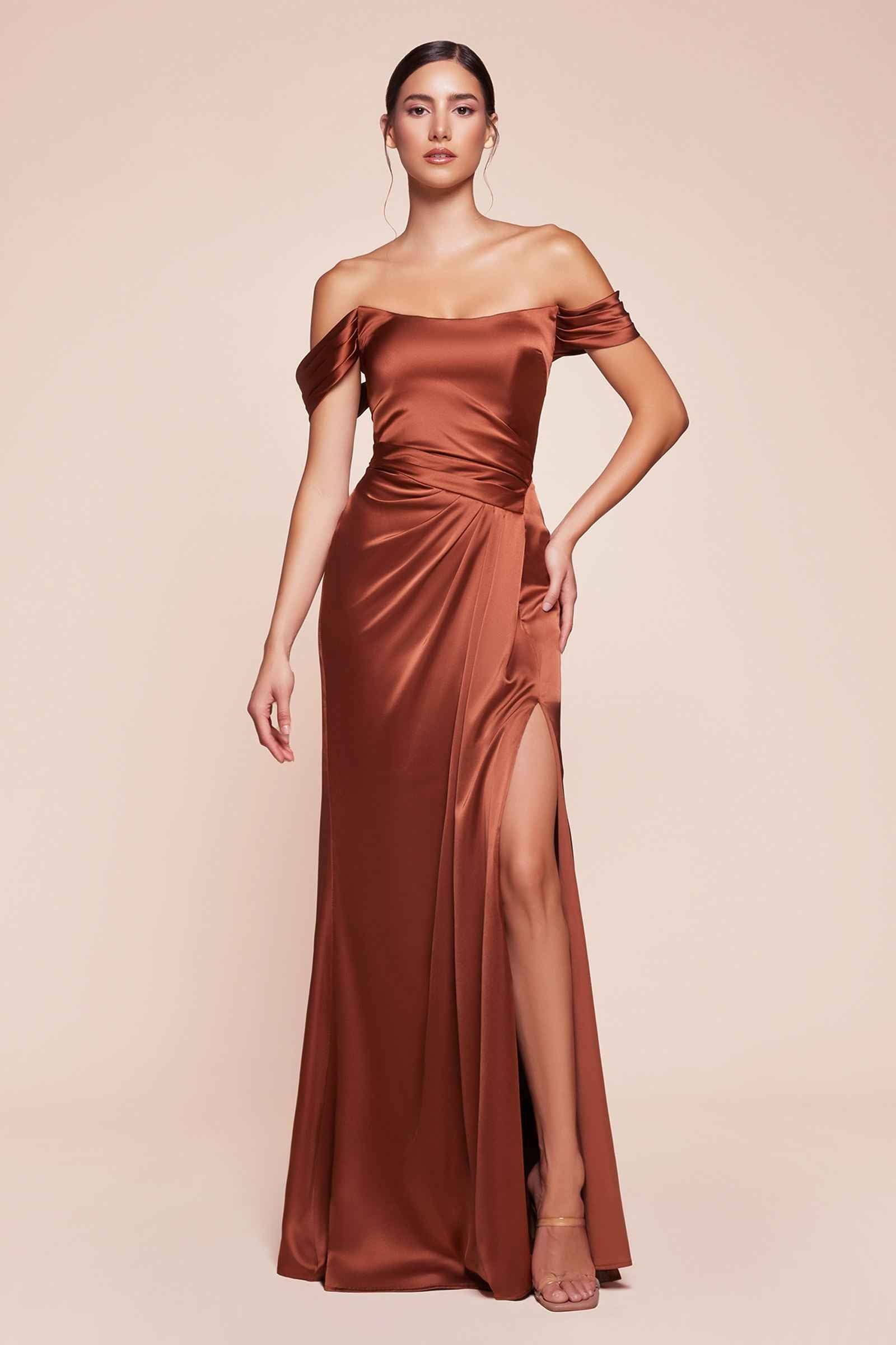 Off-shoulder satin maxi dress in brown with ruched waist and side slit