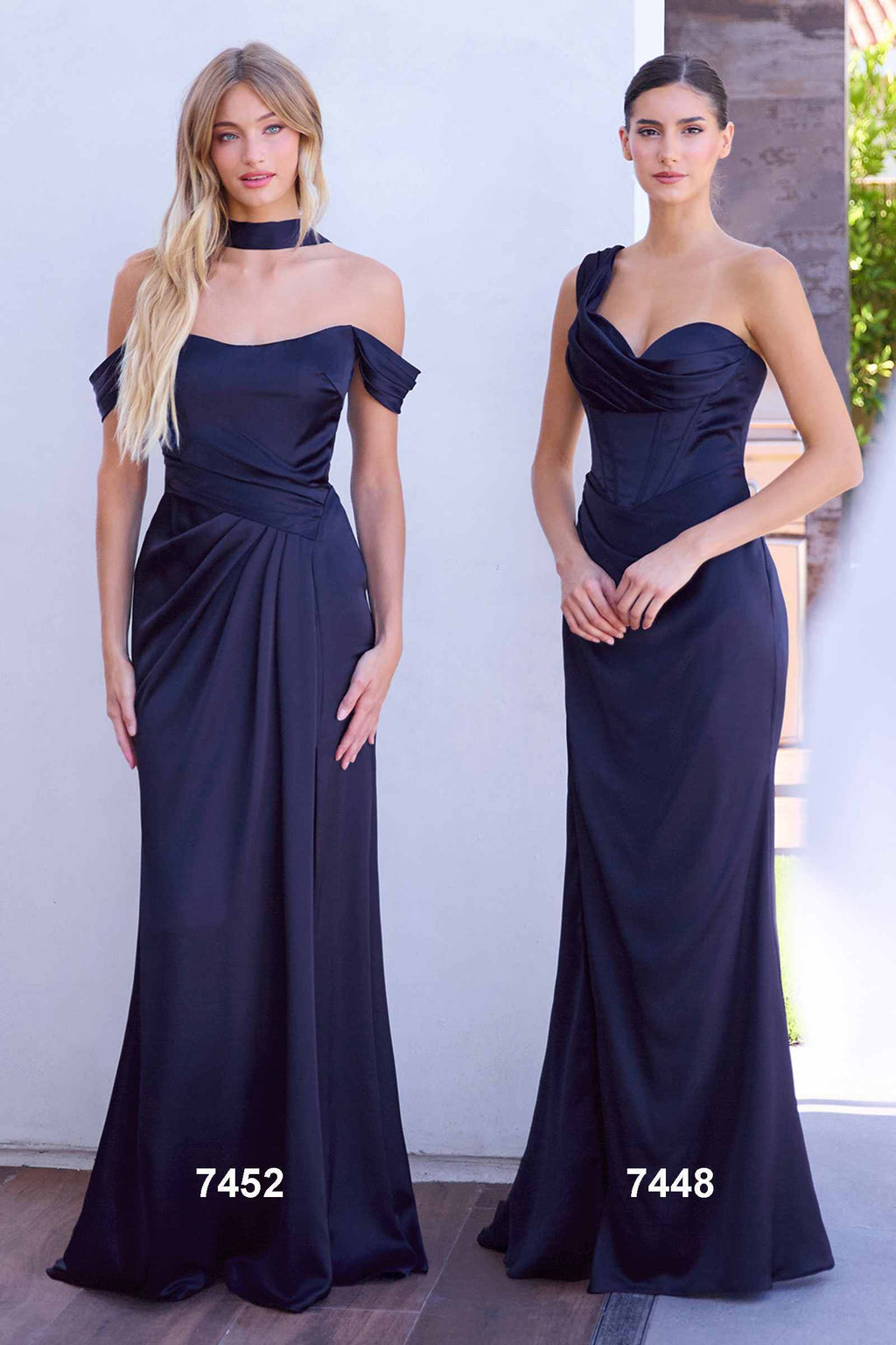 Dark satin off-shoulder corset-style gown with draped waist and front slit
