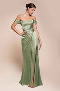 Off-shoulder sage green satin gown with ruched waist and front slit, full length.