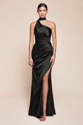 One-shoulder fitted satin gown with side slit, black glossy finish.