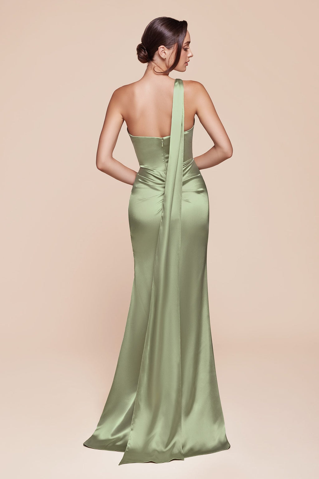 Satin evening dress back view, sage green one-shoulder neckline.