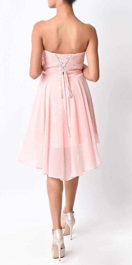 Blush pink strapless A-line chiffon mini dress with crisscross back and tie bow detail