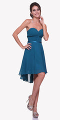 Teal strapless A-line chiffon mini dress with sweetheart neckline and fitted waist