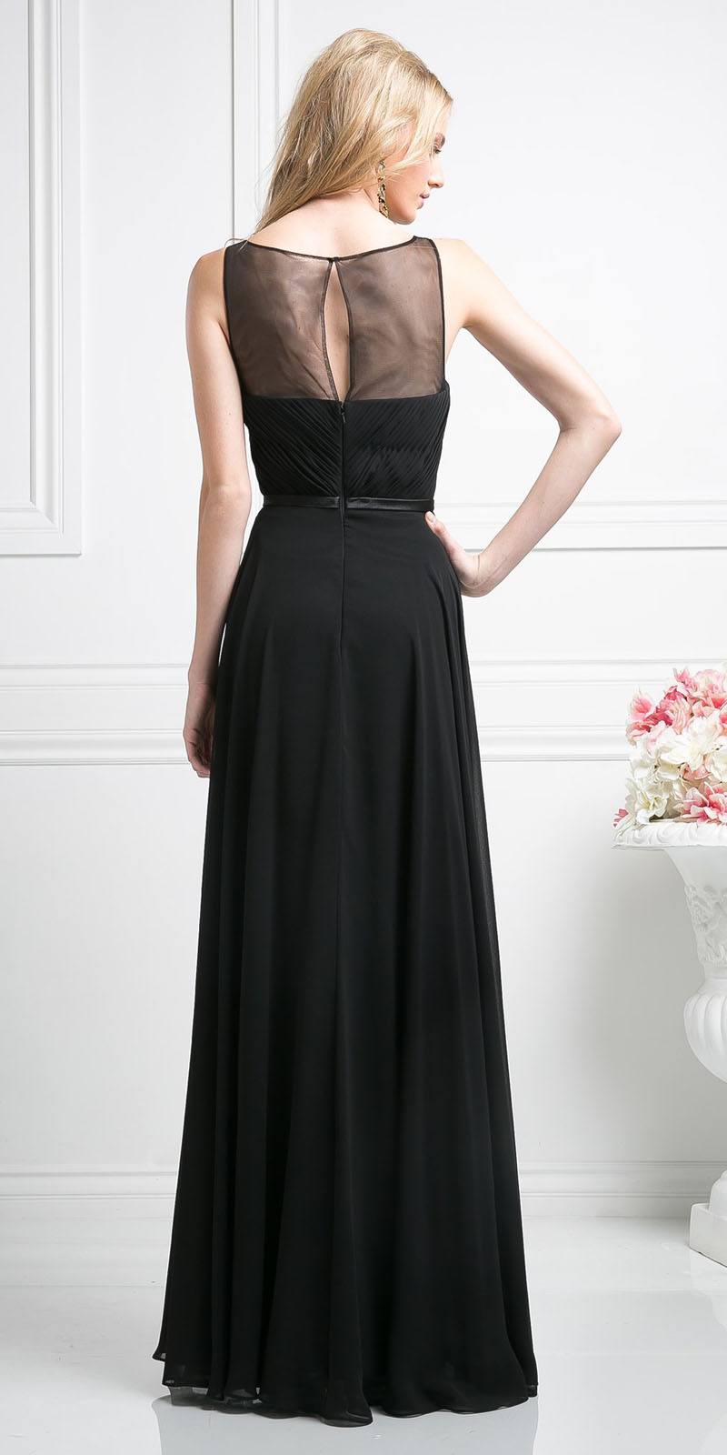 Black sleeveless chiffon long dress with sheer back panel