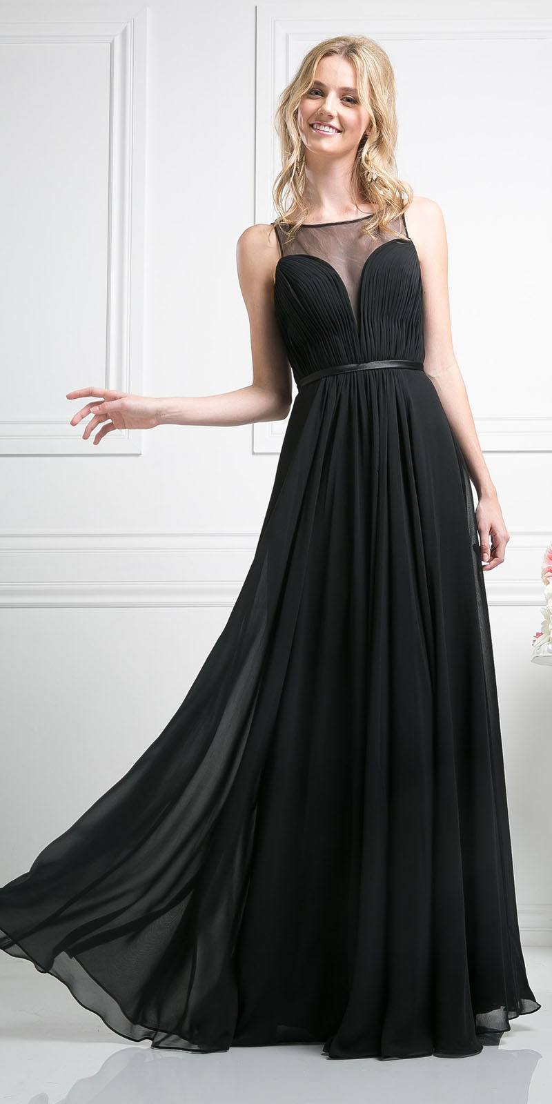Black sleeveless chiffon long dress with mesh sweetheart neckline and gathered waist