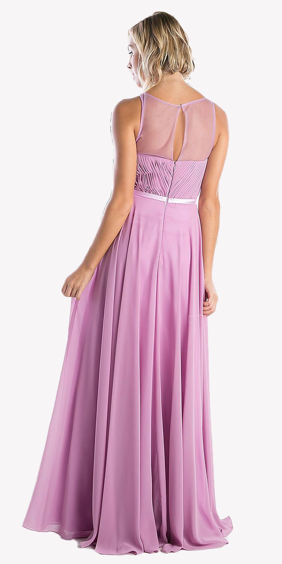 Lavender chiffon long dress with sheer back panel and ruched waistband