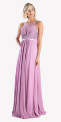 Lavender sleeveless illusion sweetheart chiffon long dress with ruched bodice and pleated skirt