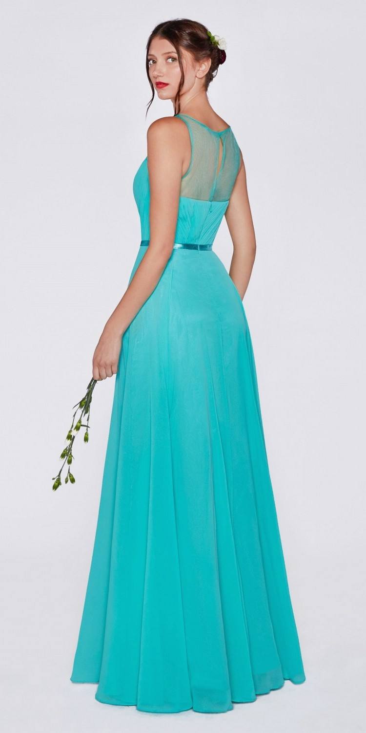 Teal sleeveless illusion sweetheart chiffon long dress, side view with waist sash