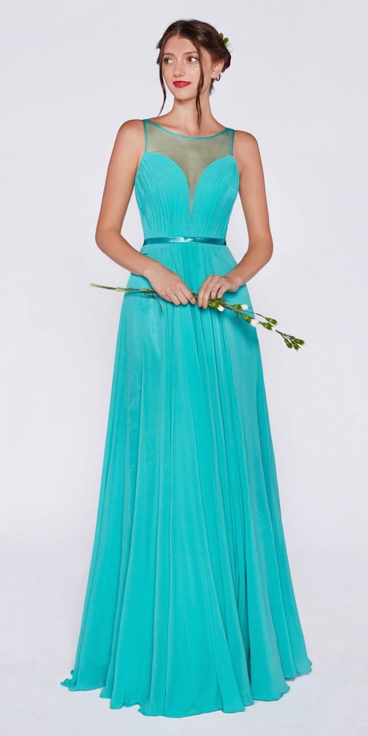 Teal sleeveless illusion sweetheart chiffon long dress with waist sash and sheer yoke