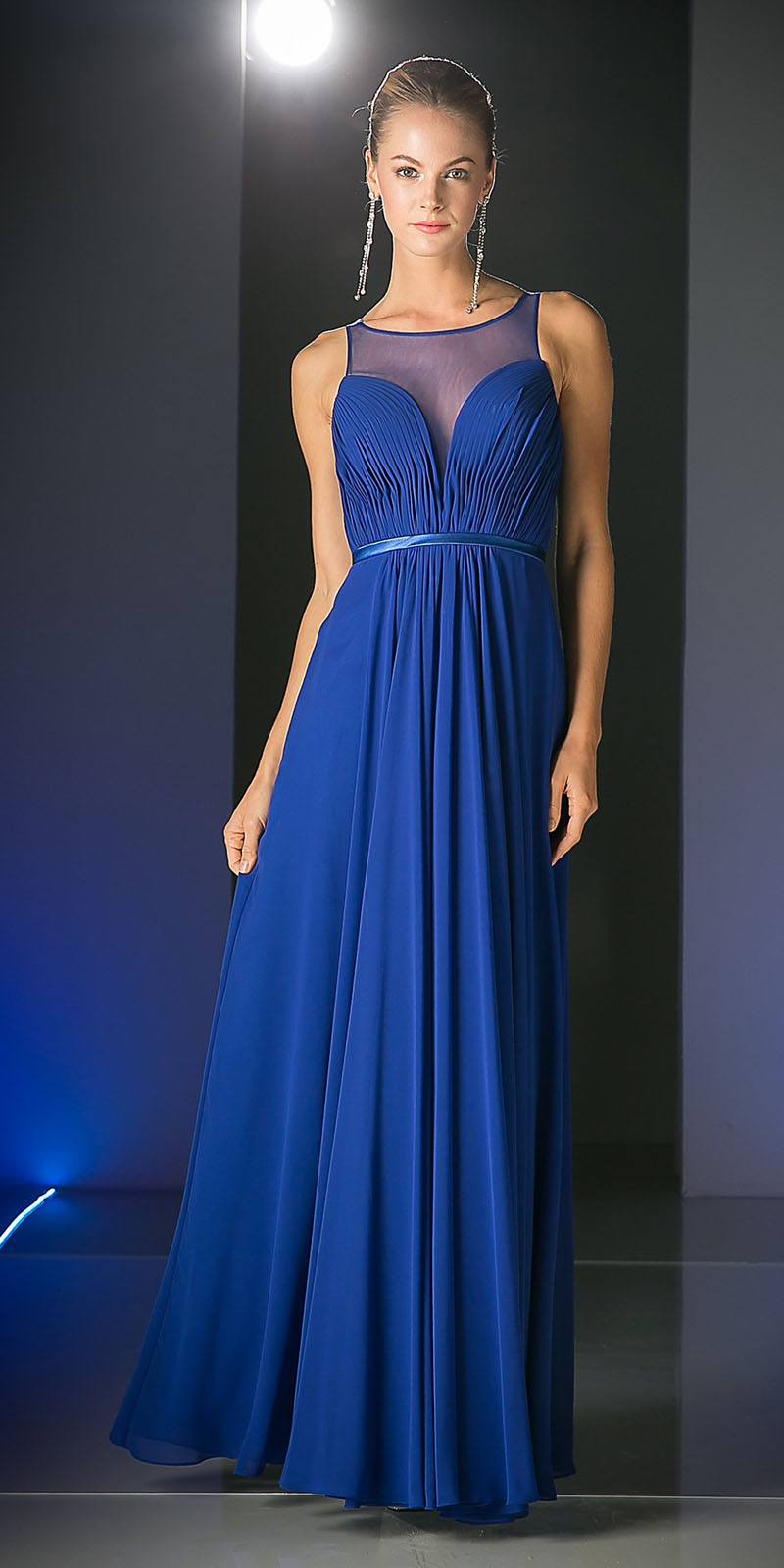 Blue sleeveless illusion sweetheart chiffon long dress with ruched bodice