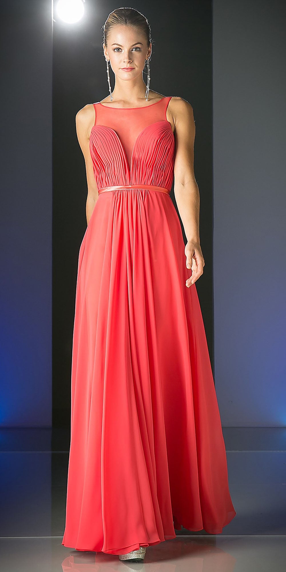 Coral sleeveless illusion sweetheart chiffon long dress with ruched neckline