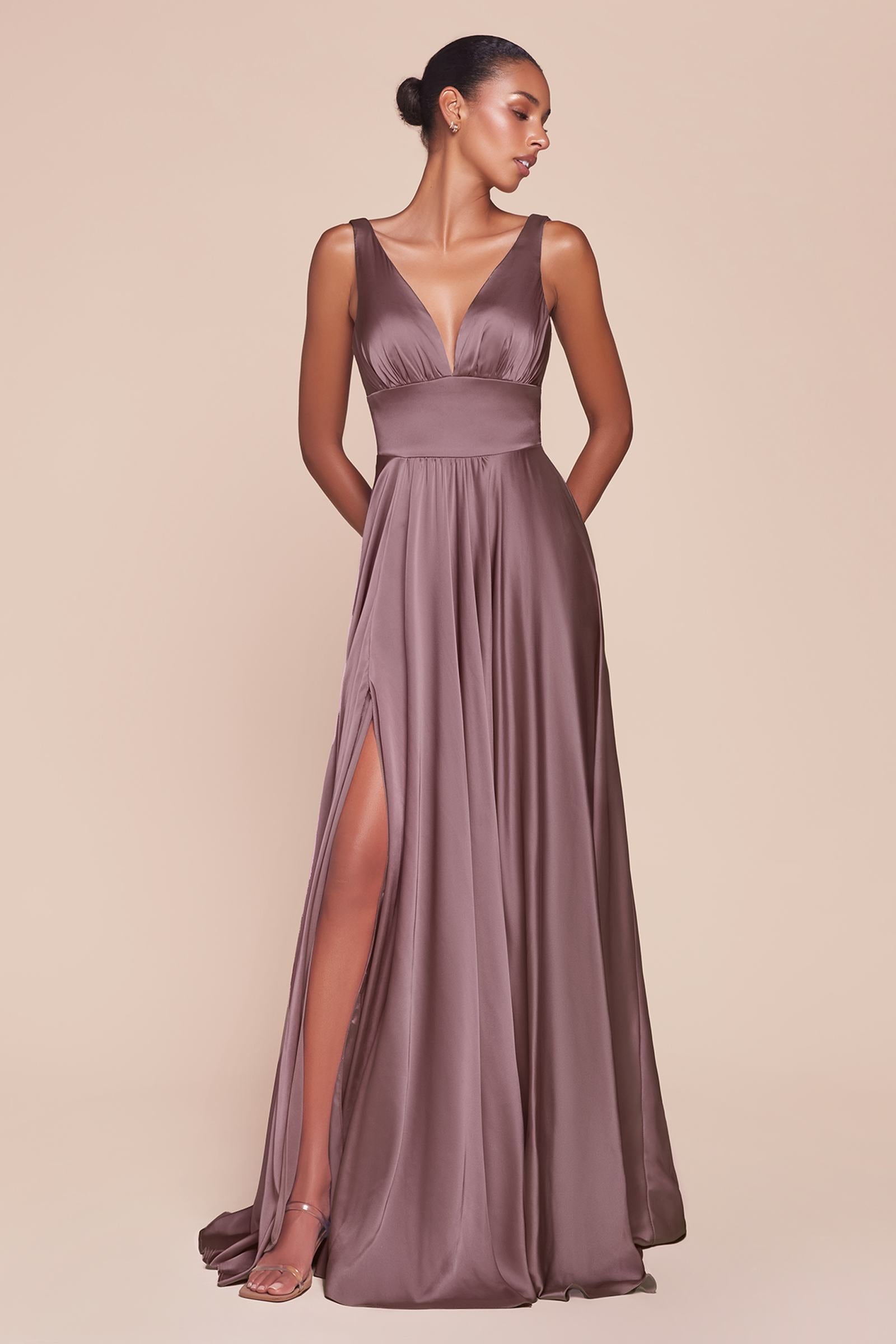 Dark mauve satin long evening dress with V-neck, sleeveless bodice and front slit