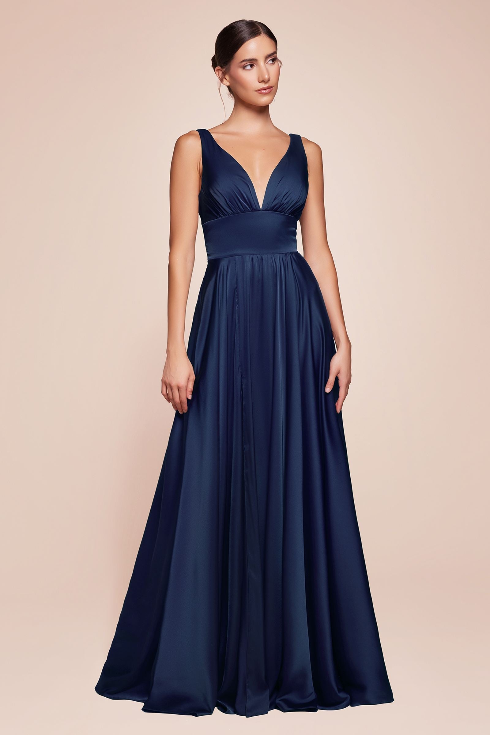 Navy blue V-neck satin formal dress, sleeveless with gathered waist and full skirt.