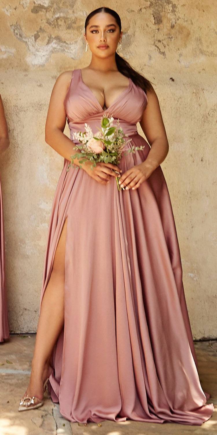 Long formal A-line satin dress, mauve pink, V-neck with ruched bodice, side slit