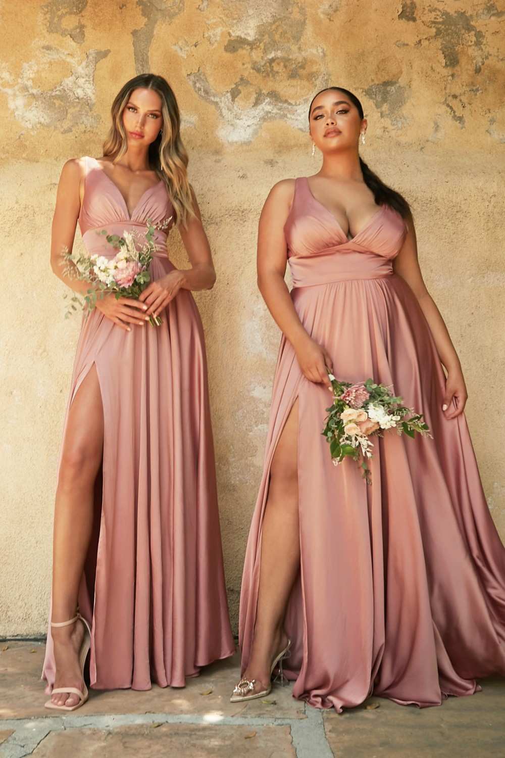Blush satin A-line formal dress with V-neck and draped waist, front thigh slit