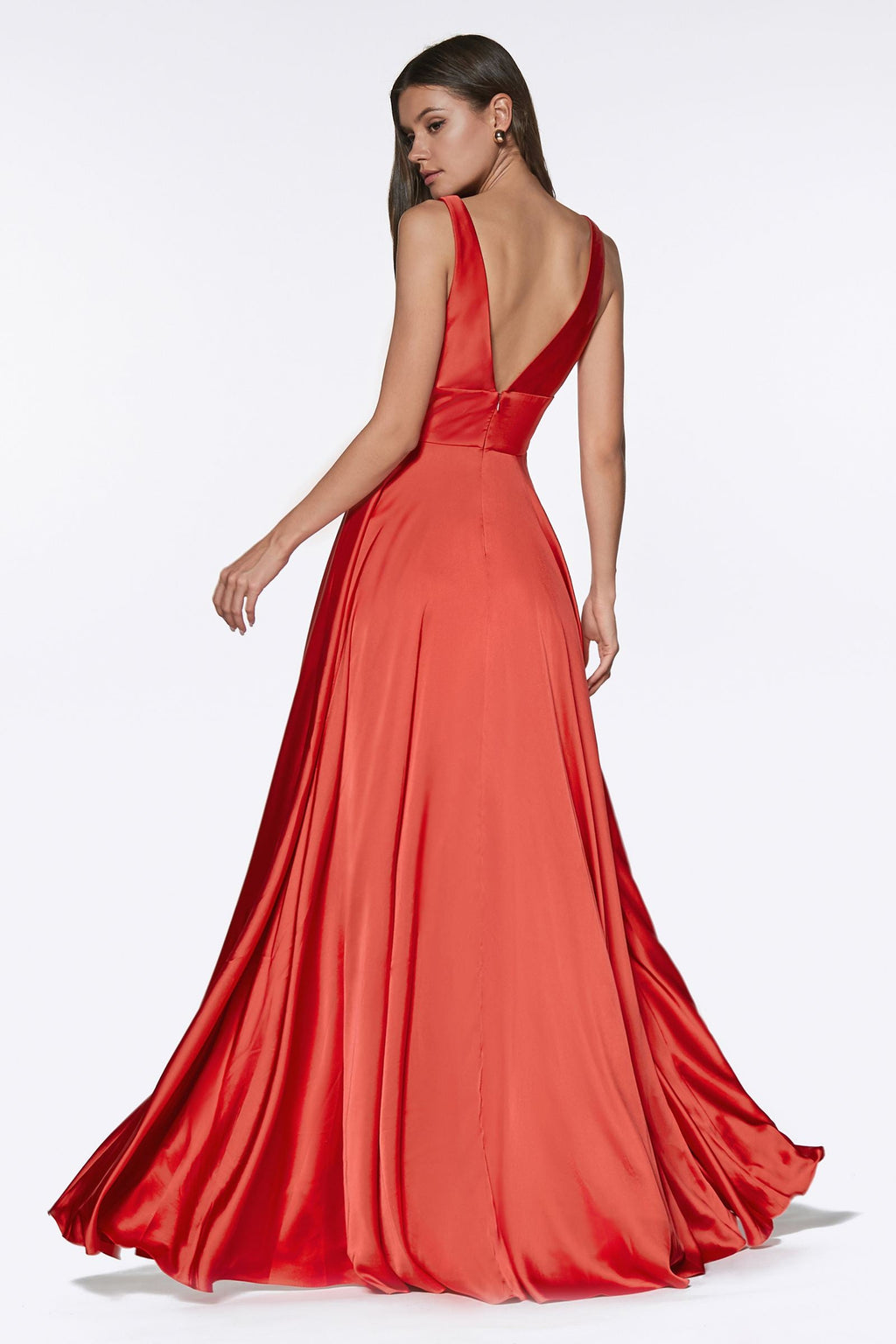 Red satin formal dress with V-neck, fitted bodice, gathered floor skirt slit
