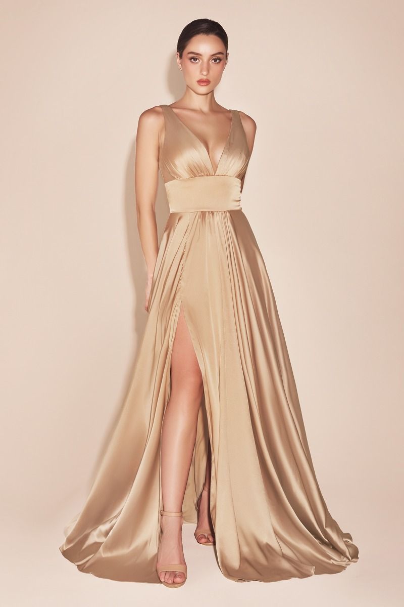 Nude satin formal dress with sleeveless V-neck, ruched bodice, thigh-slit skirt