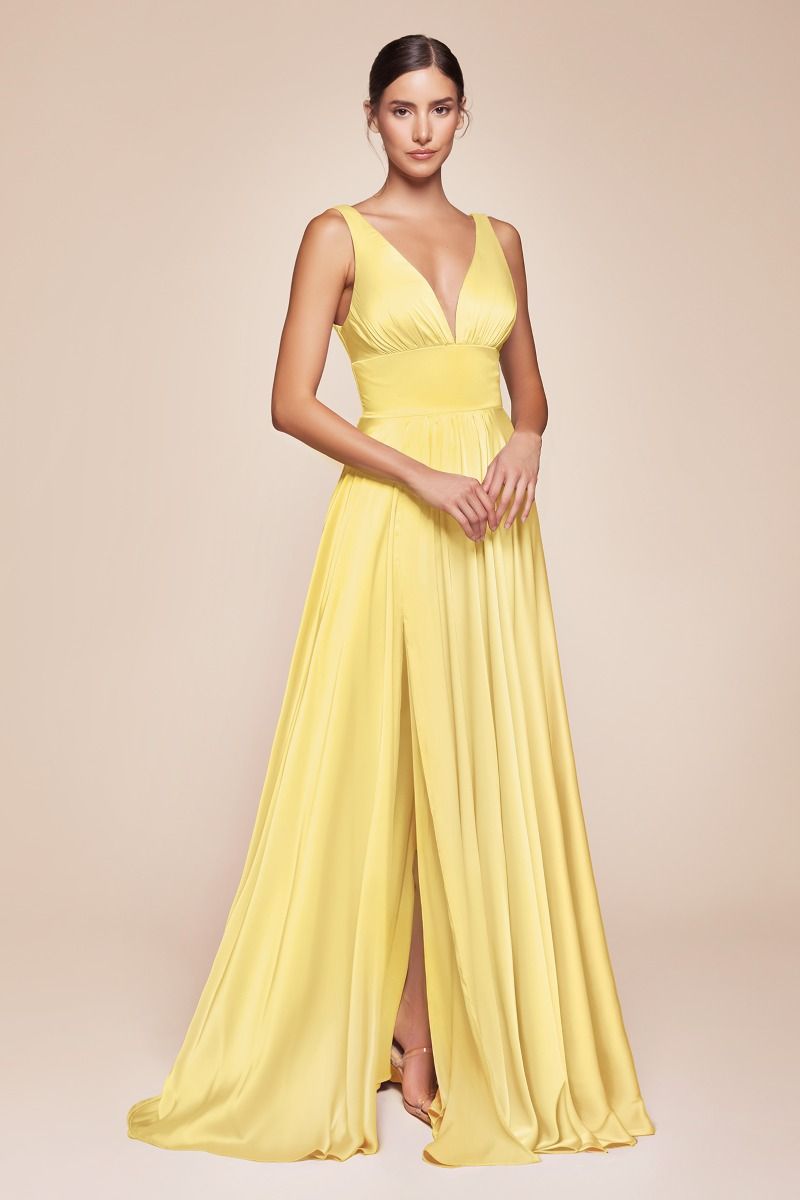 Yellow V-neck sleeveless satin formal dress with gathered waist and front slit.