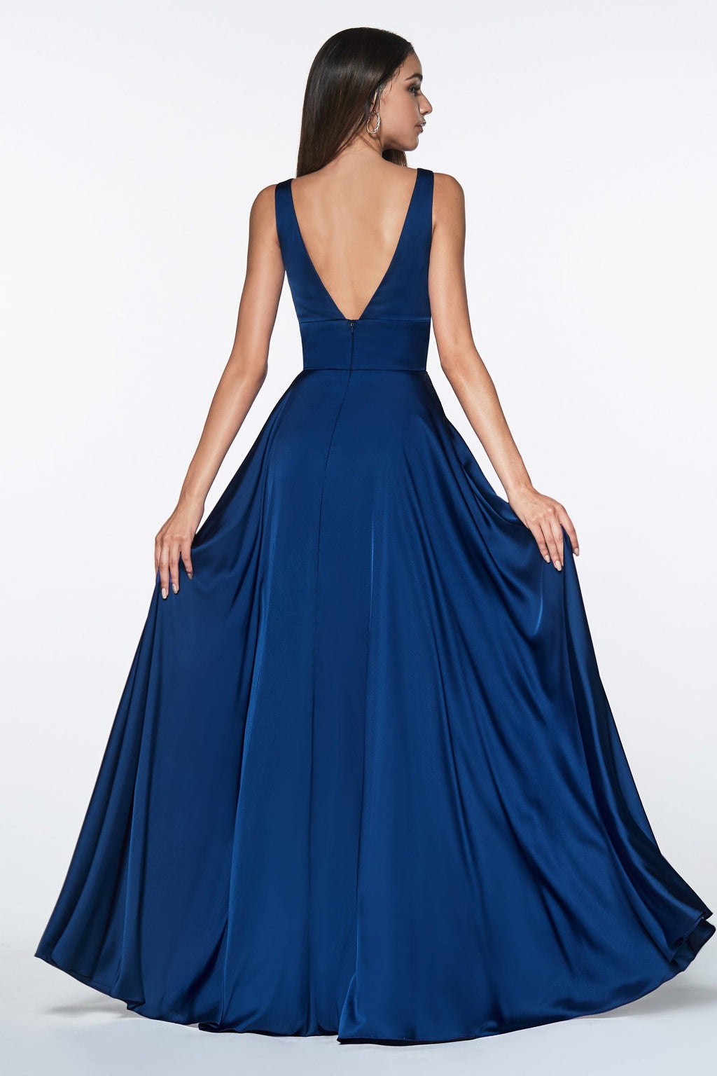 Long satin evening dress in dark blue with open V-back and full flared skirt