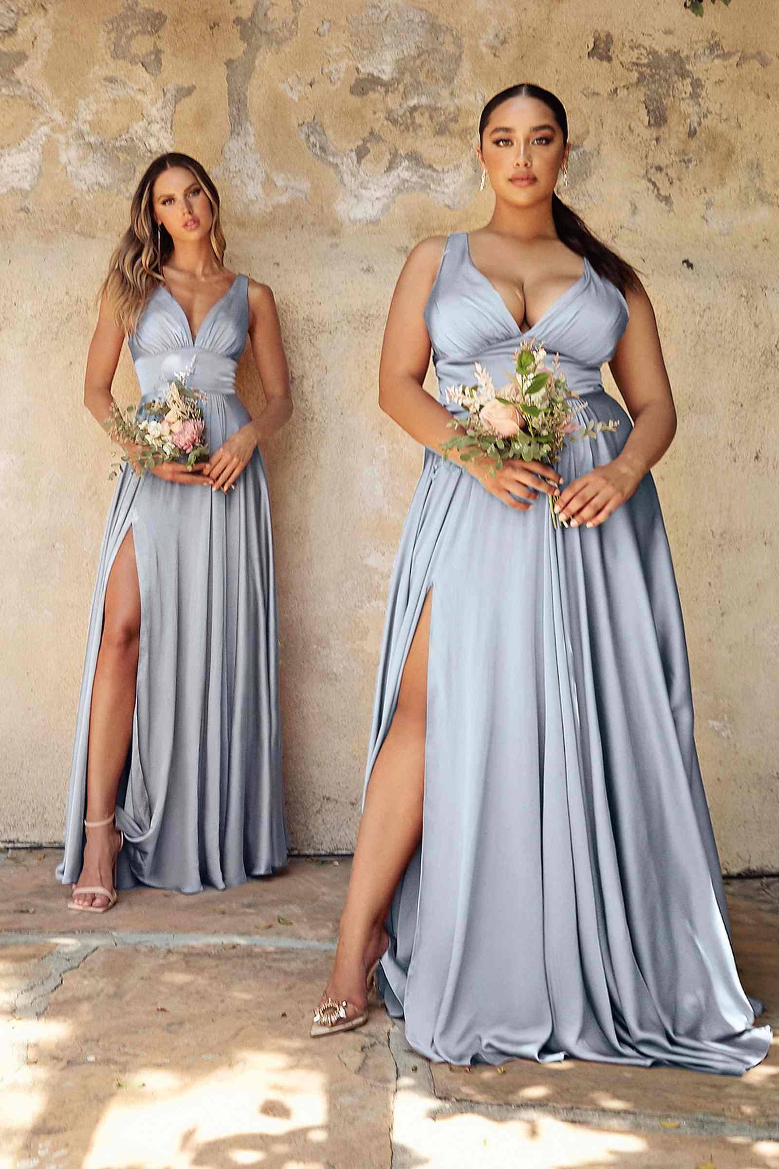 Light blue V-neck sleeveless satin formal dress with gathered waist and side slit.
