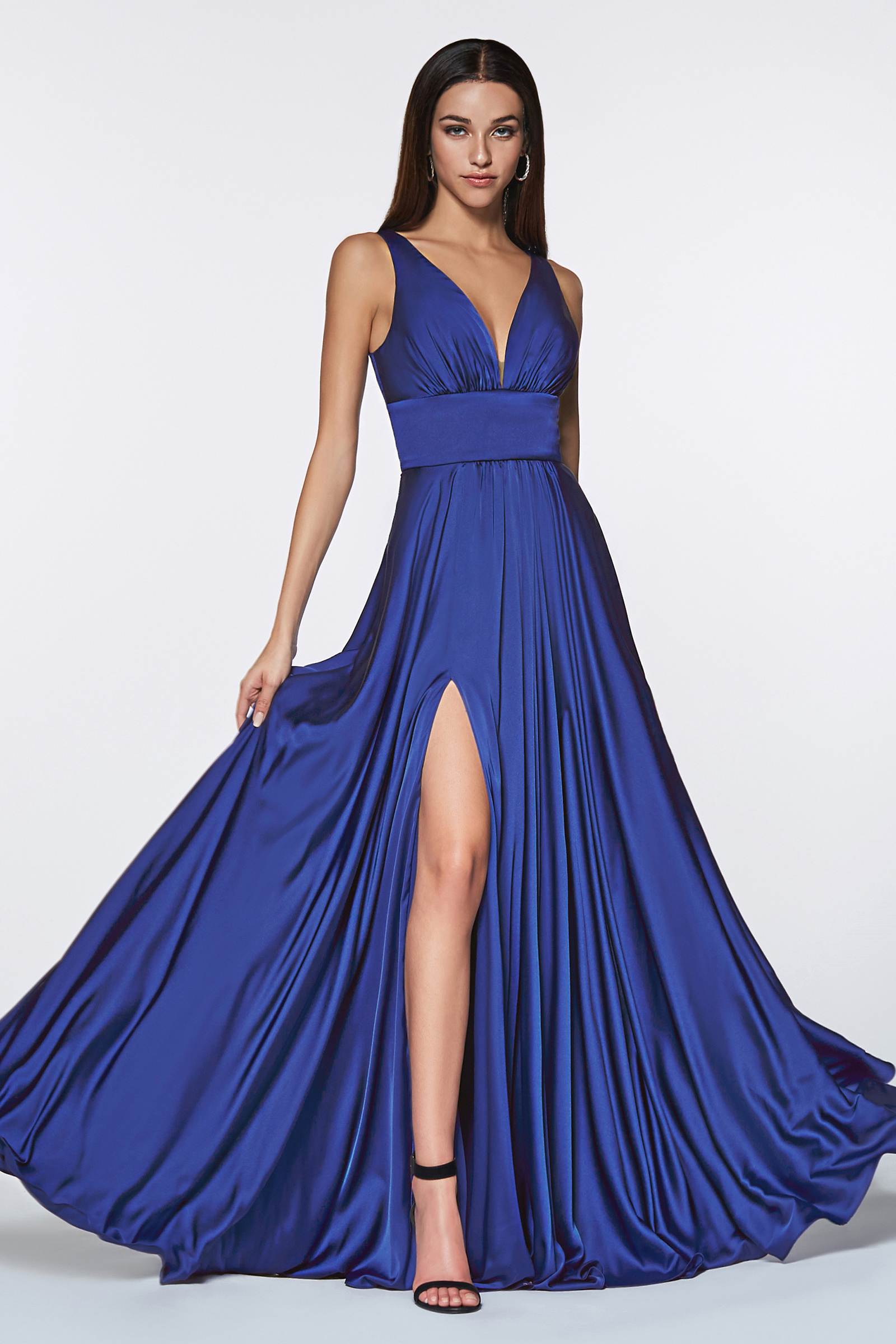 Royal blue satin formal dress, sleeveless V-neck bodice and flowing skirt with slit