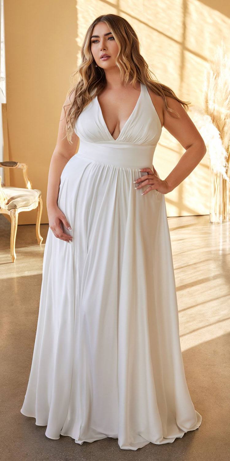 Long formal A-line satin dress with deep V neckline and gathered waist, sleeveless