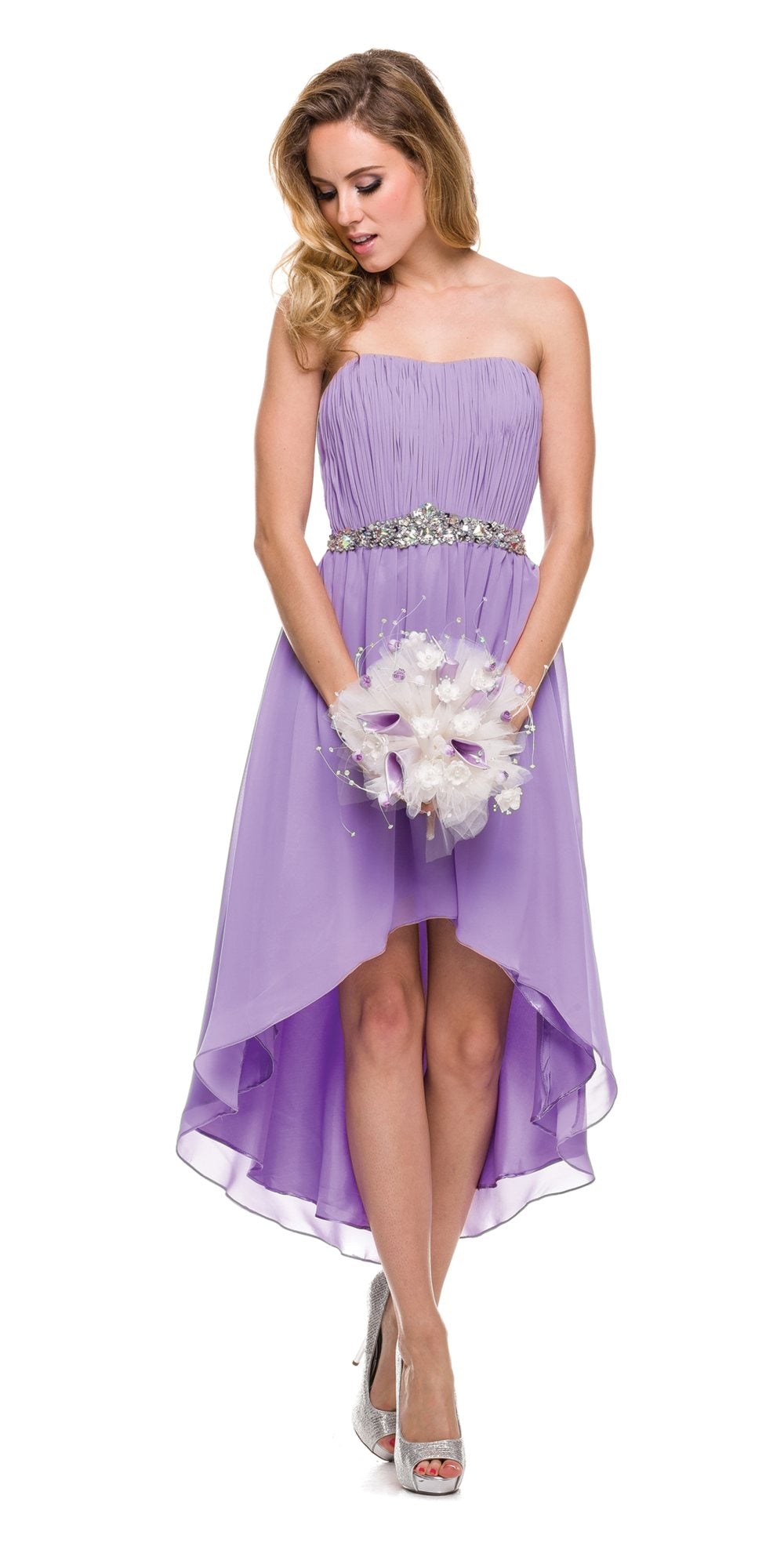 Lavender strapless ruched bodice dress with jeweled belt and asymmetrical skirt