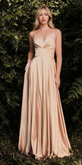 Nude long spaghetti strap V-neck dress with gathered bust and bow detail