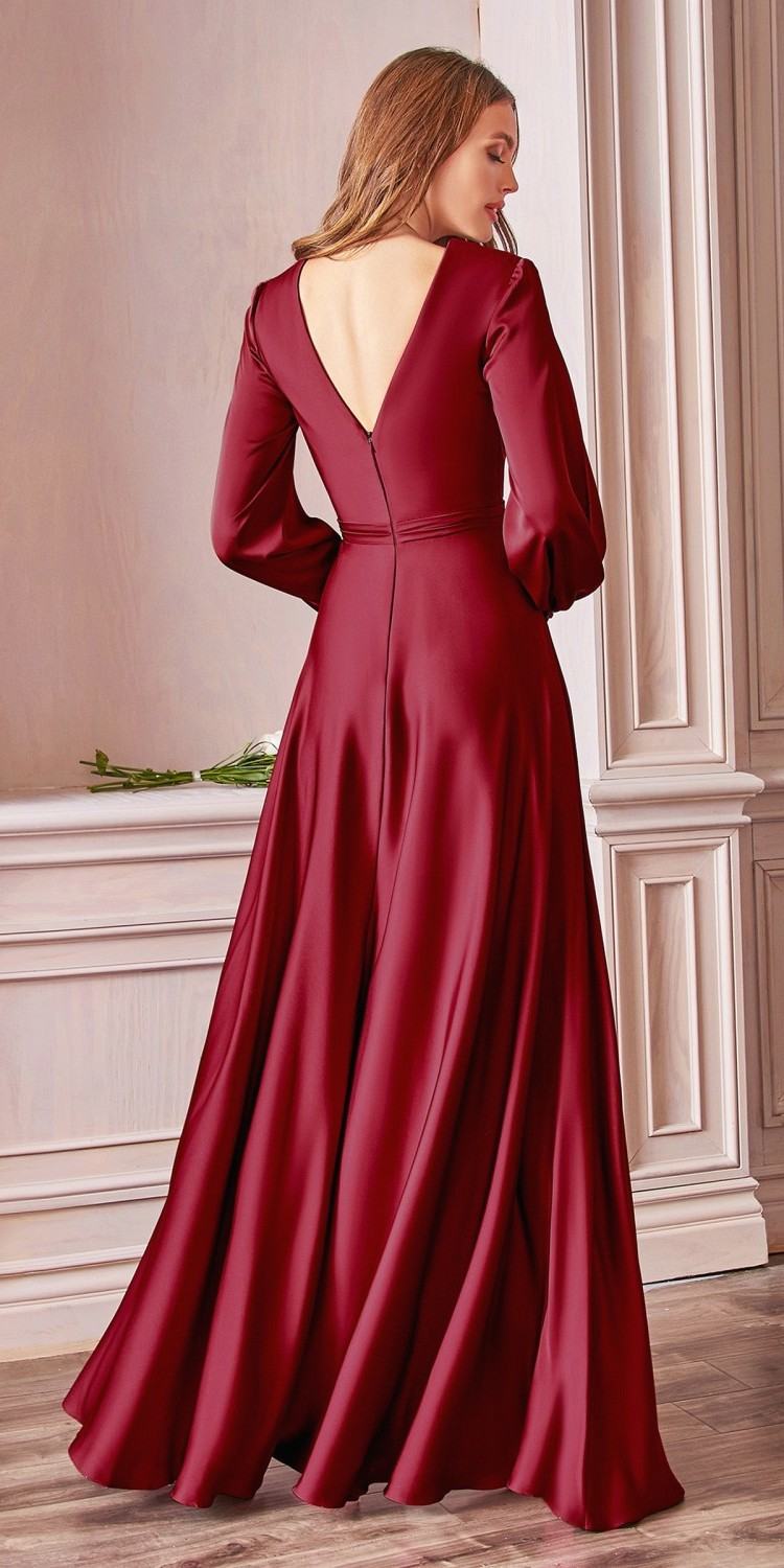 Long satin formal dress with backless V-neck, gathered waist, long sleeves, flowing skirt