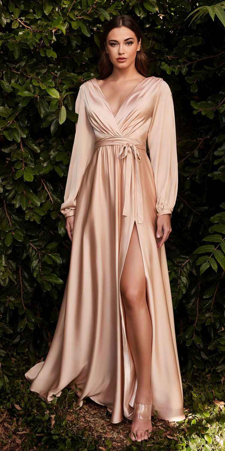 Nude long split formal dress with blouson sleeves, V-neck bodice and thigh slit
