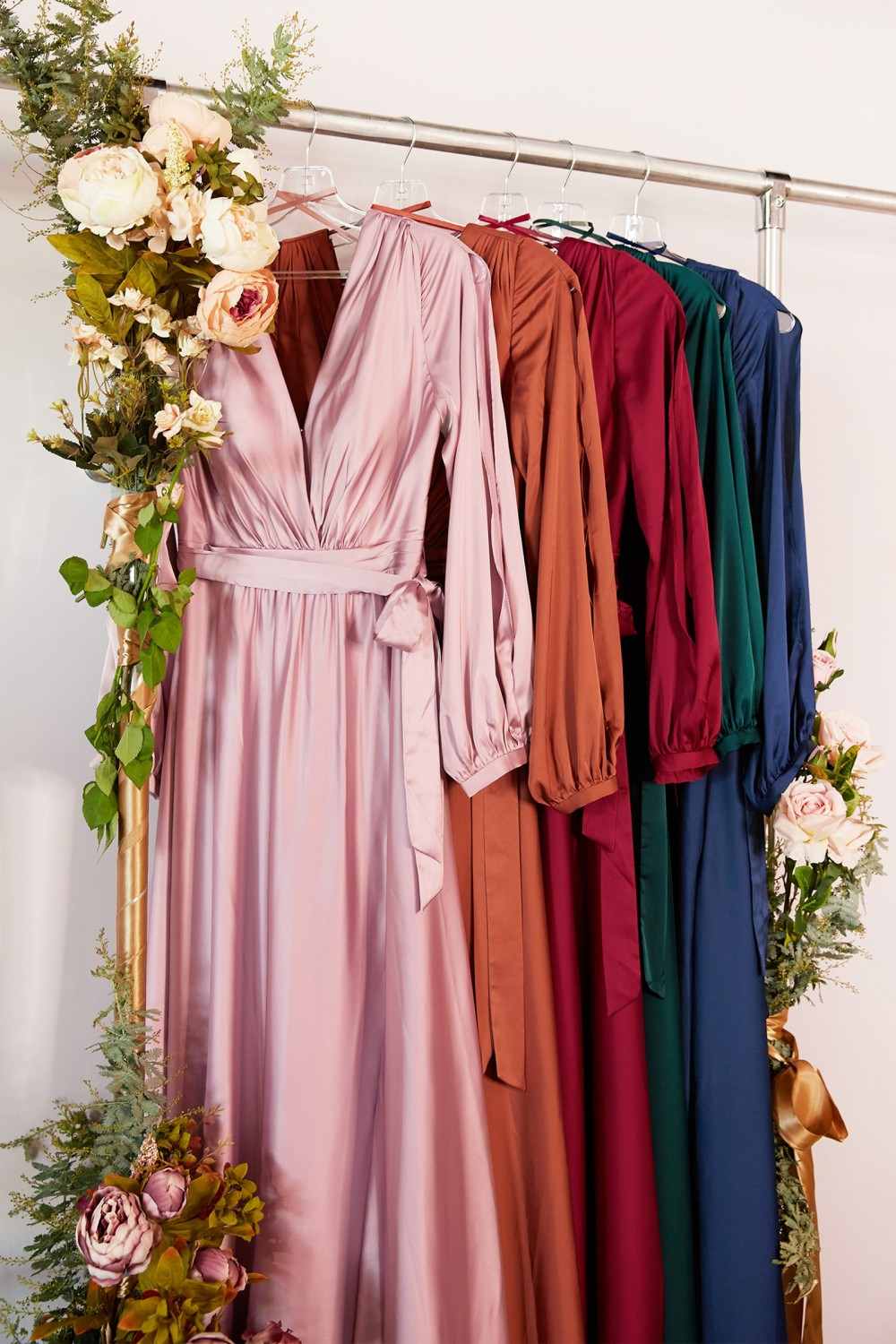 Hanging satin formal dresses with V-neck, gathered waist, long sleeves, thigh slit