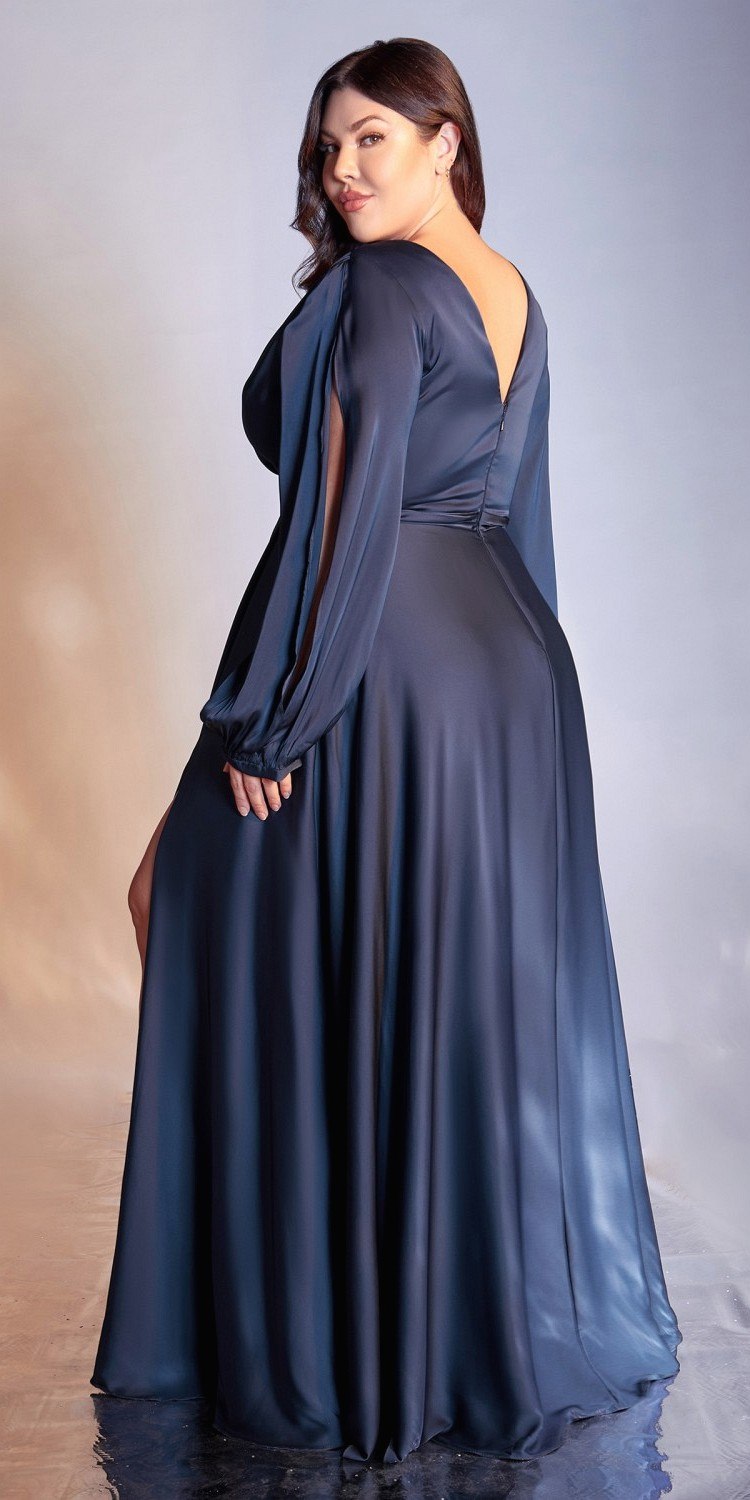Long formal dress in dark blue with draped sleeves and thigh slit detail