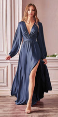 Long satin formal dress with V-neck, gathered waist, long sleeves, thigh-high slit