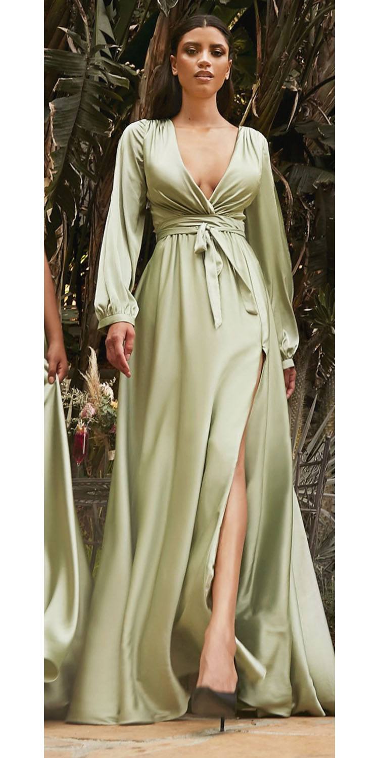 Long formal dress in light green with wrap-style bodice and floor-length skirt