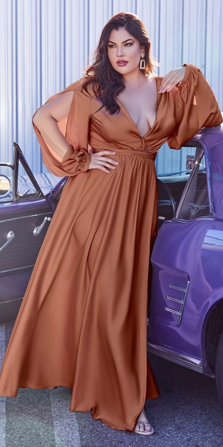 Formal satin dress with V-neck, ruched waist, long blouson sleeves, thigh-high slit