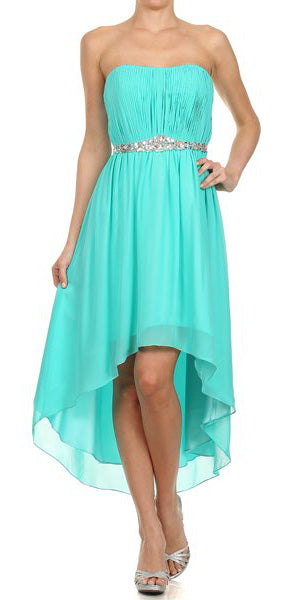 Turquoise strapless ruched bodice dress with jeweled belt and asymmetrical chiffon hem