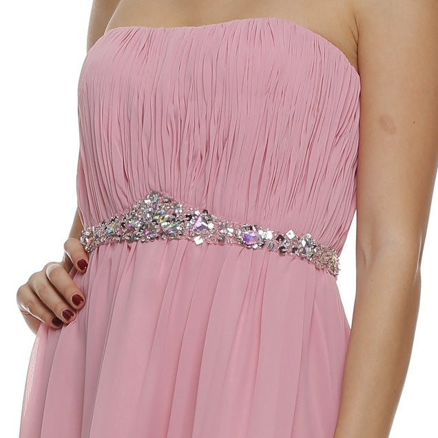 Mauve strapless ruched bodice dress with jeweled waistband detail