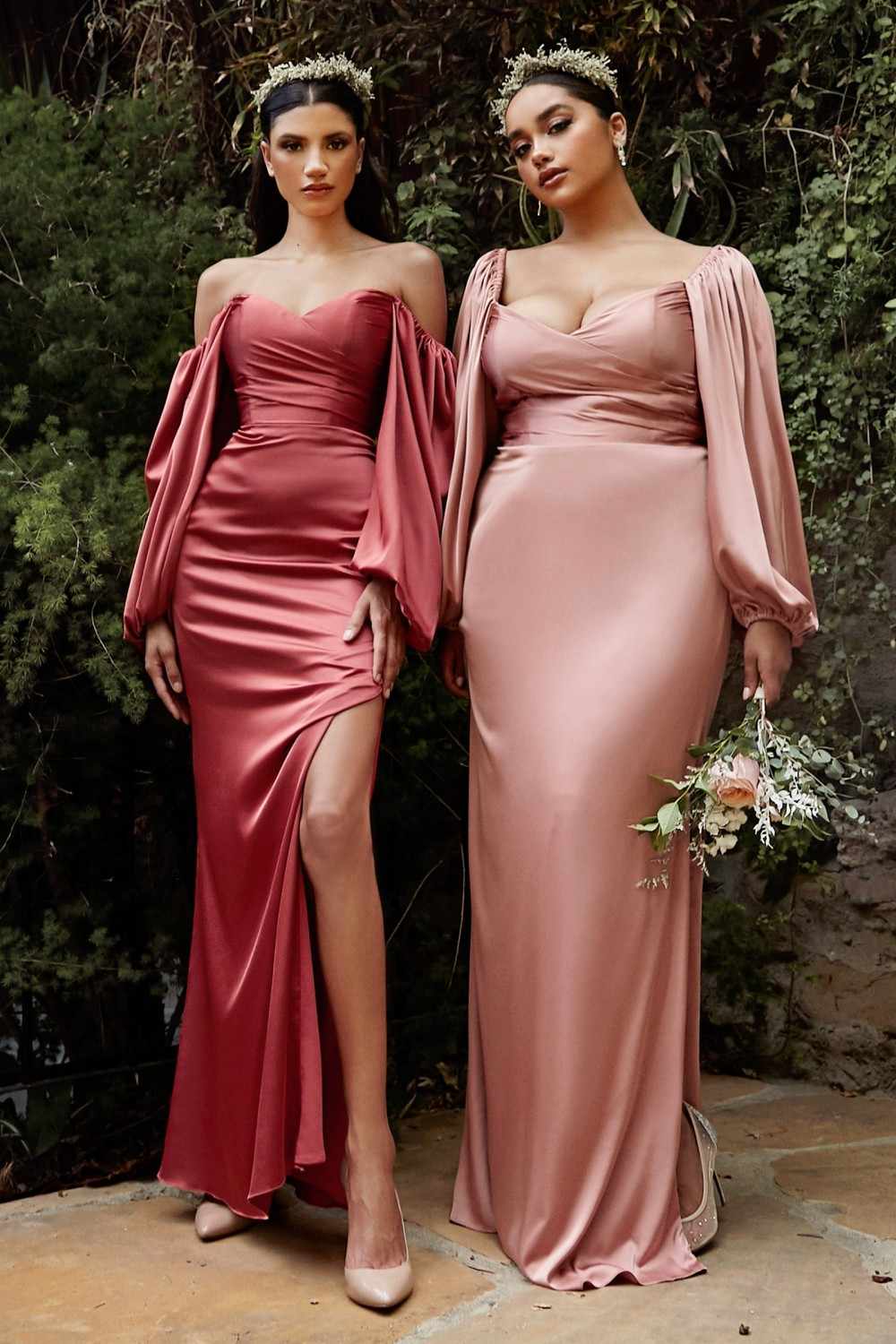 Off-shoulder satin fitted long-sleeve dress in blush pink, sweetheart neckline, puffed sleeves